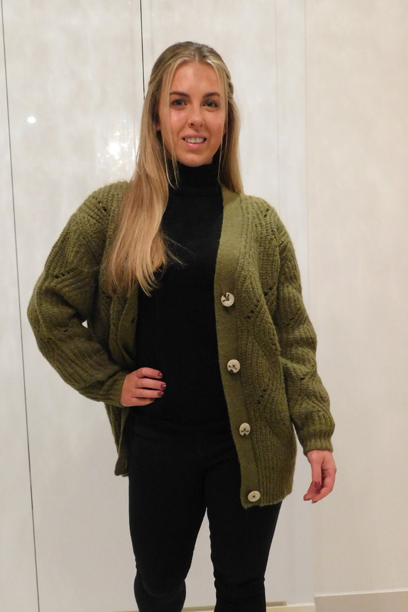 Ladies Knitted Button Up Cardigan Khaki