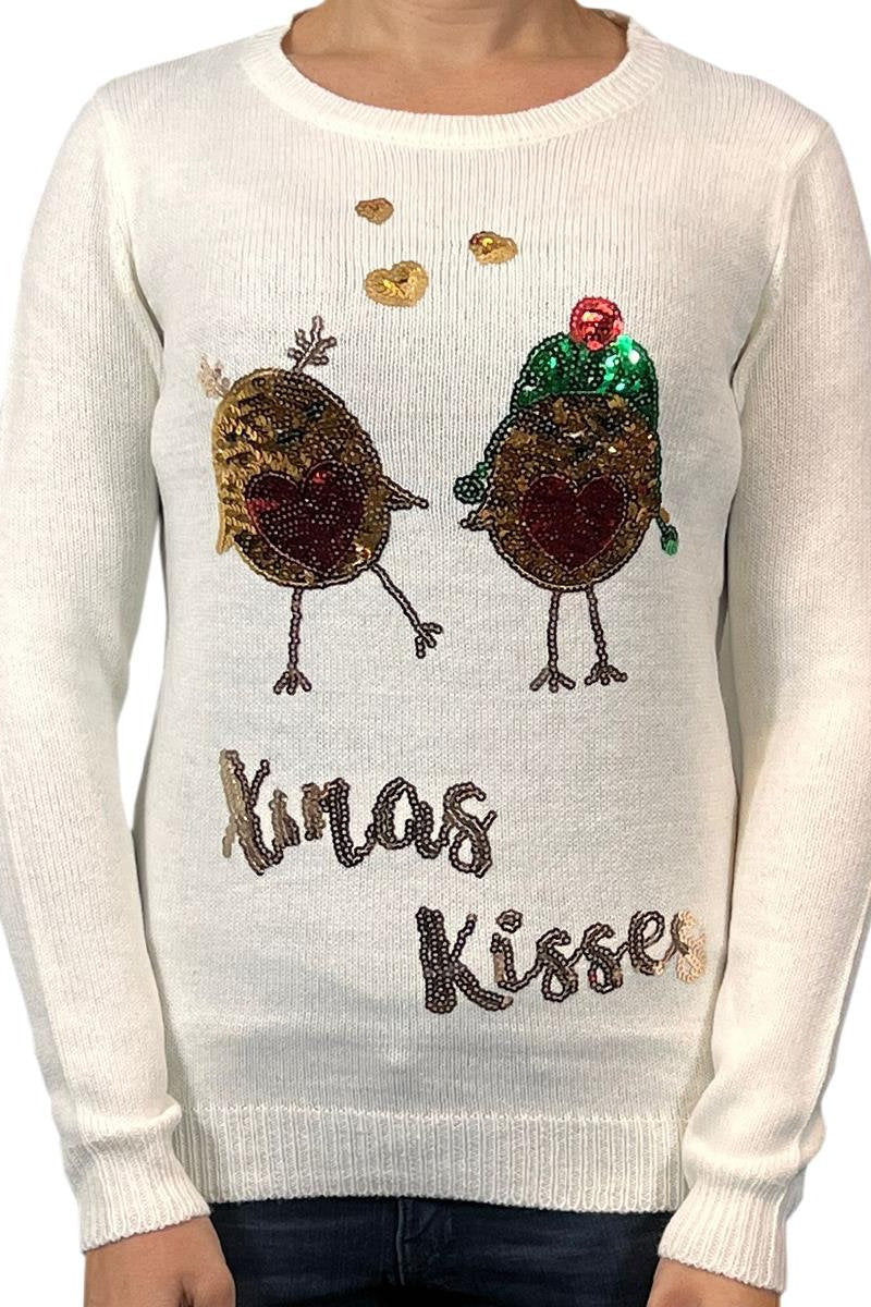 Ladies Christmas Cream Robin Kissmass Jumper