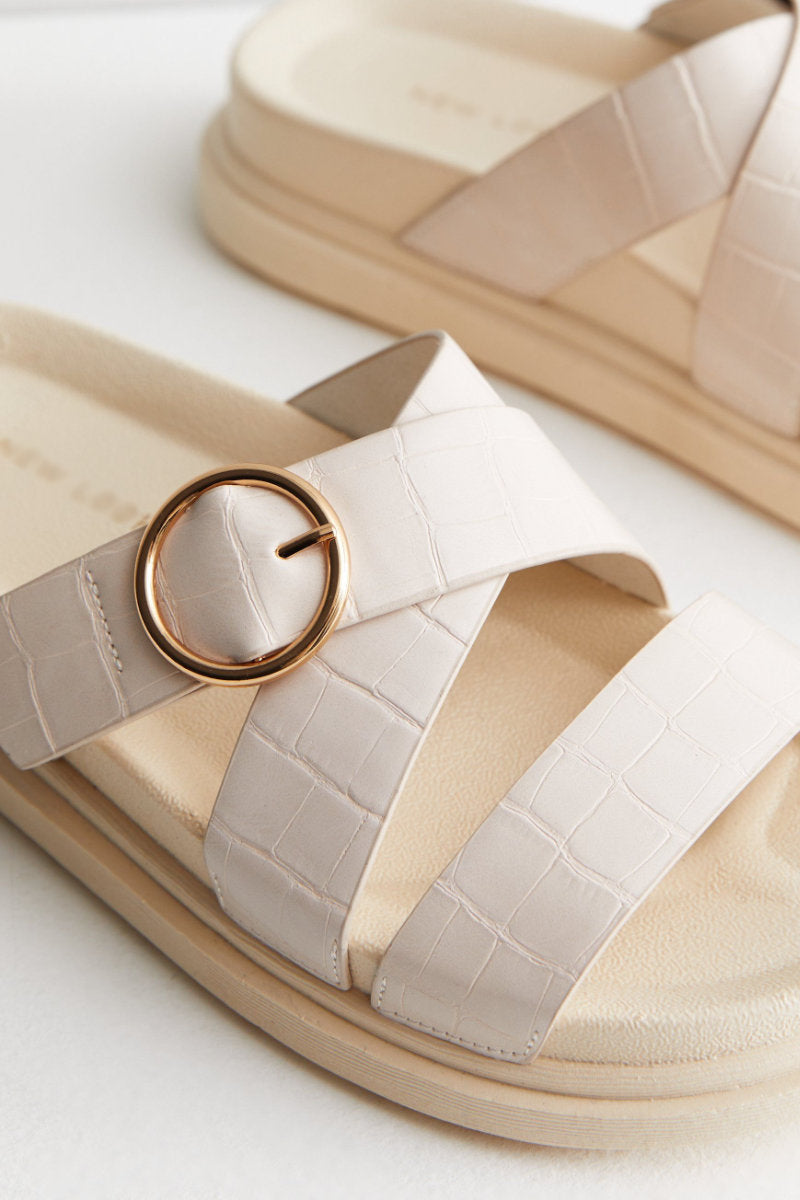 Famous Store Faux Croc Buckle Chunky Sliders Off White