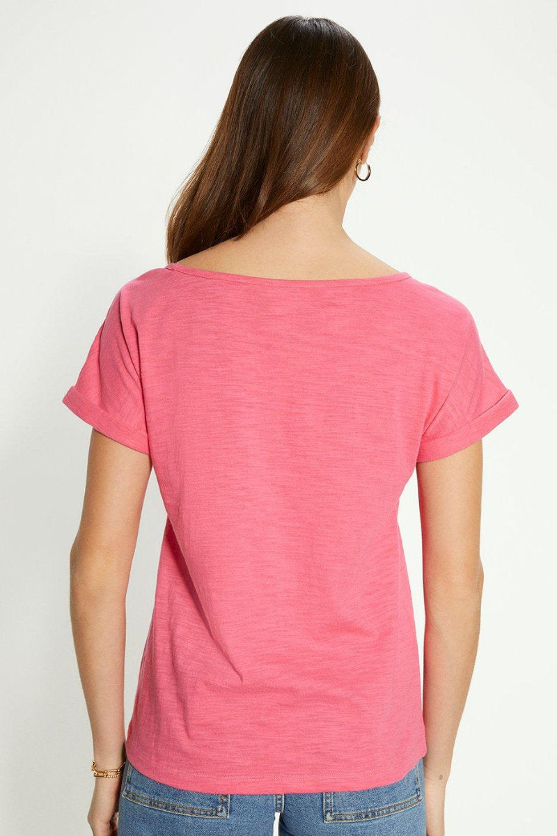 Famous Label Cotton Slub Roll Sleeve T-Shirt Dark Pink