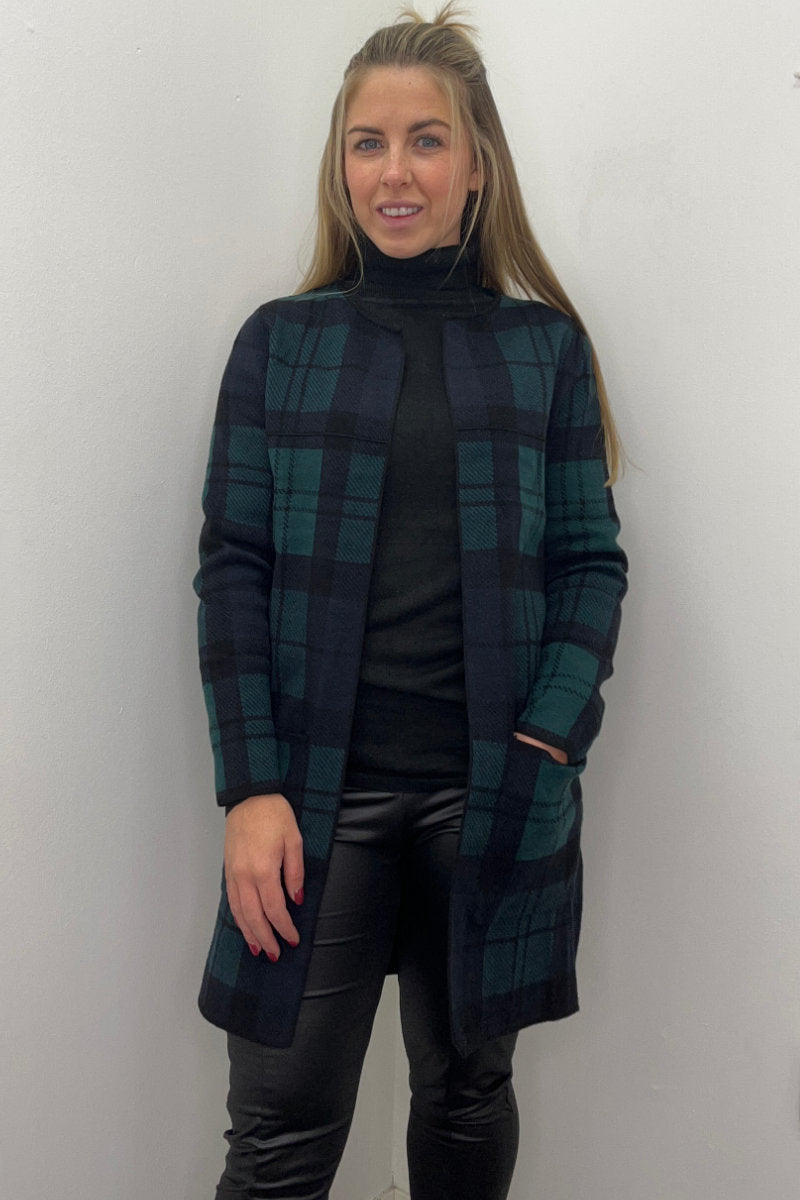 Long Open Sweater / Coat Plaid Black & Green