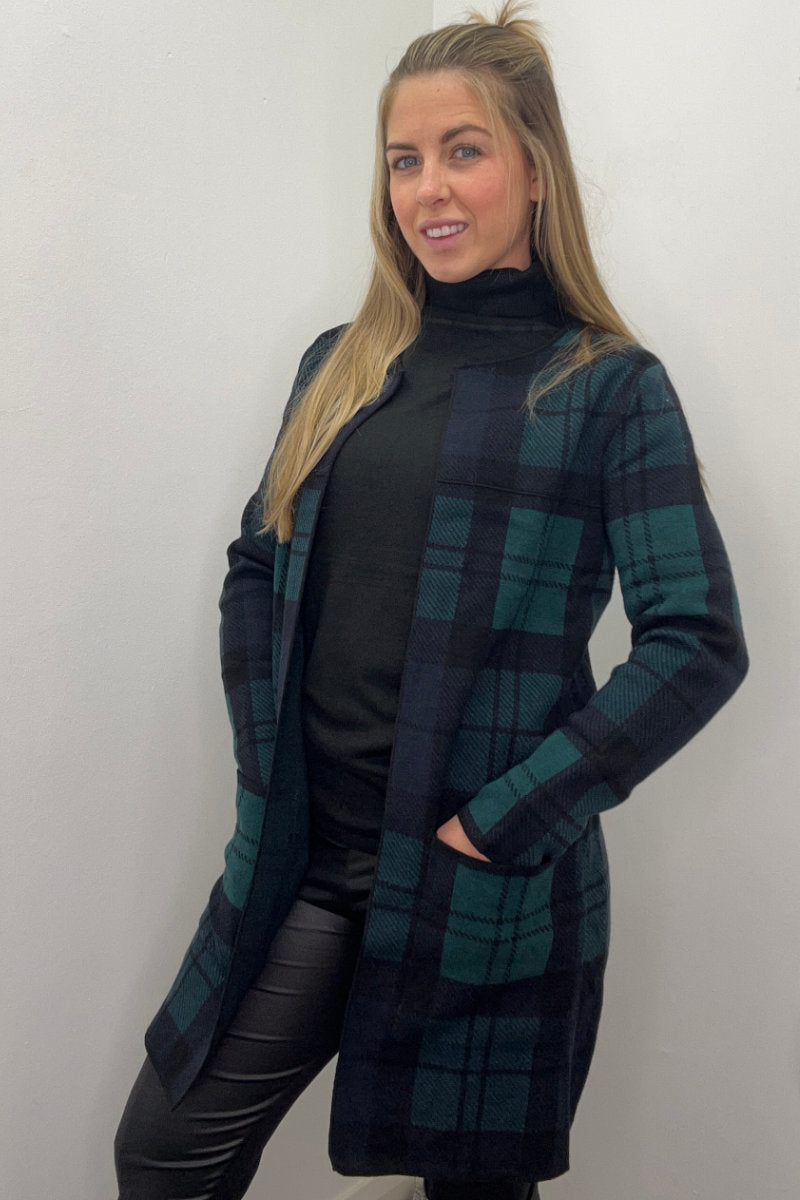 Long Open Sweater / Coat Plaid Black & Green