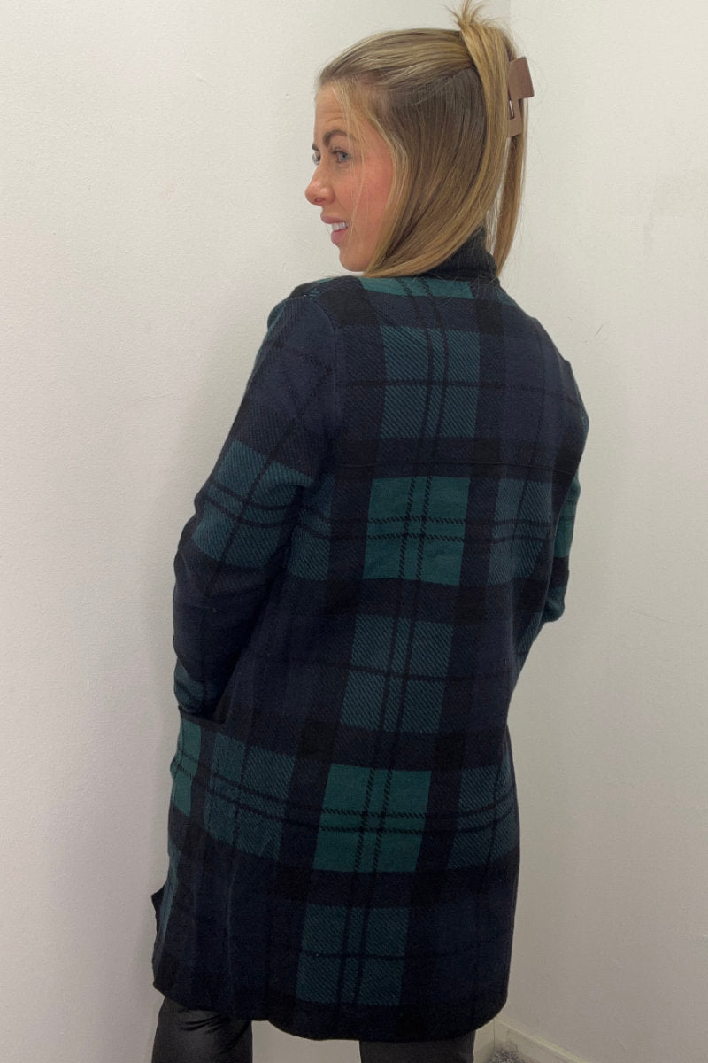 Long Open Sweater / Coat Plaid Black & Green