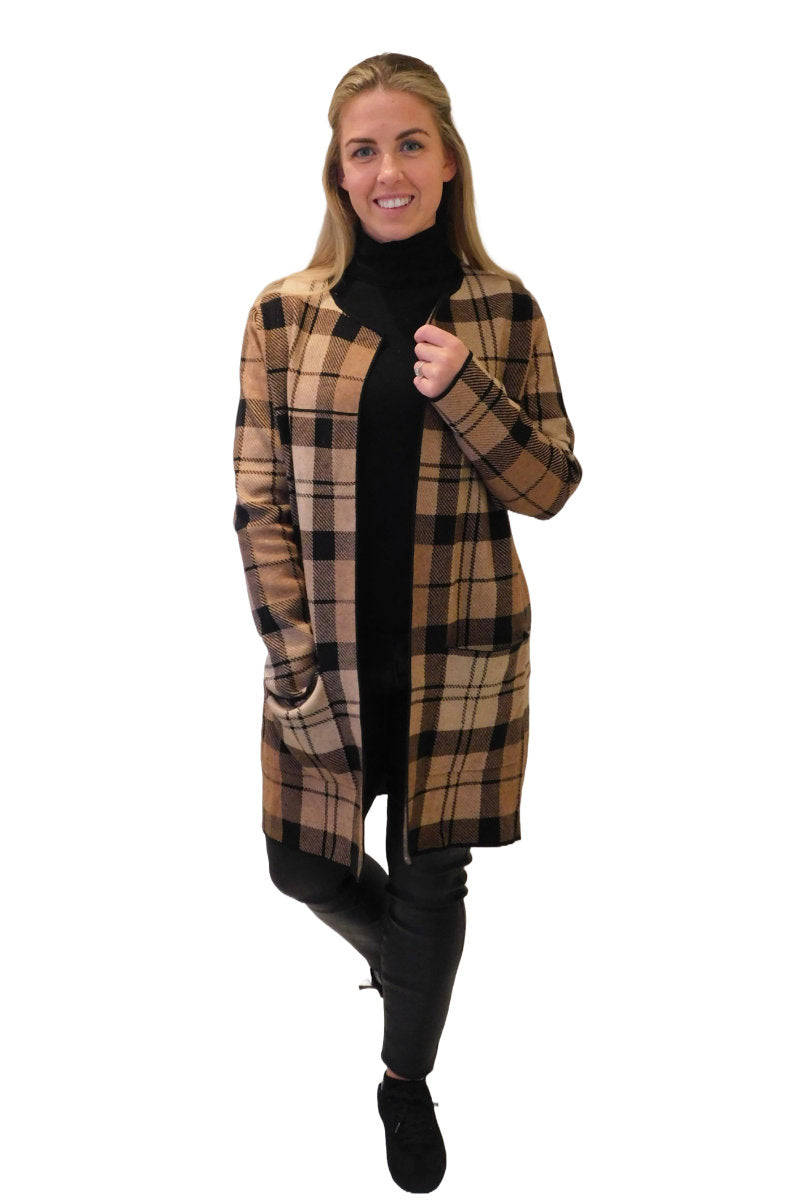 Long Open Sweater / Coat Plaid Black & Tan