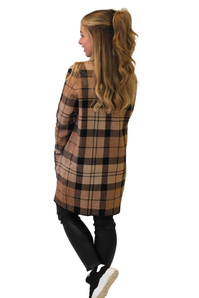 Long Open Sweater / Coat Plaid Black & Tan
