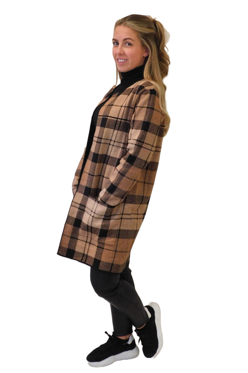 Long Open Sweater / Coat Plaid Black & Tan