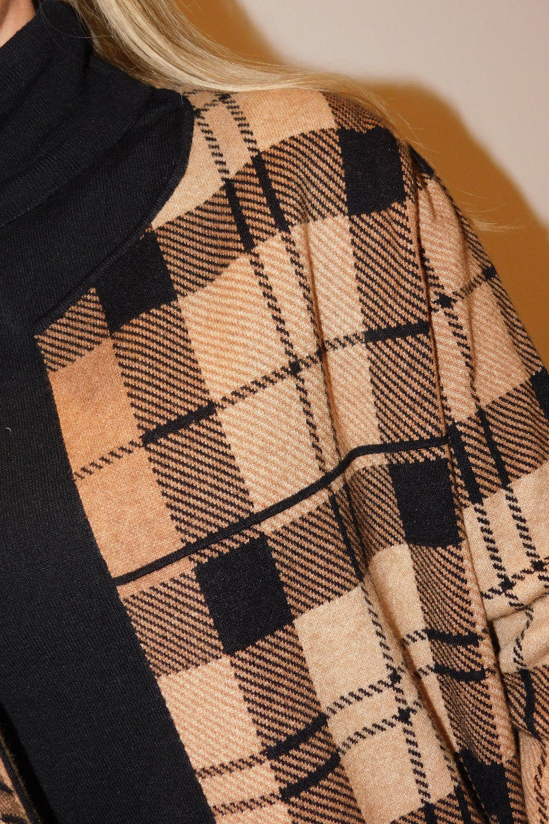 Long Open Sweater / Coat Plaid Black & Tan