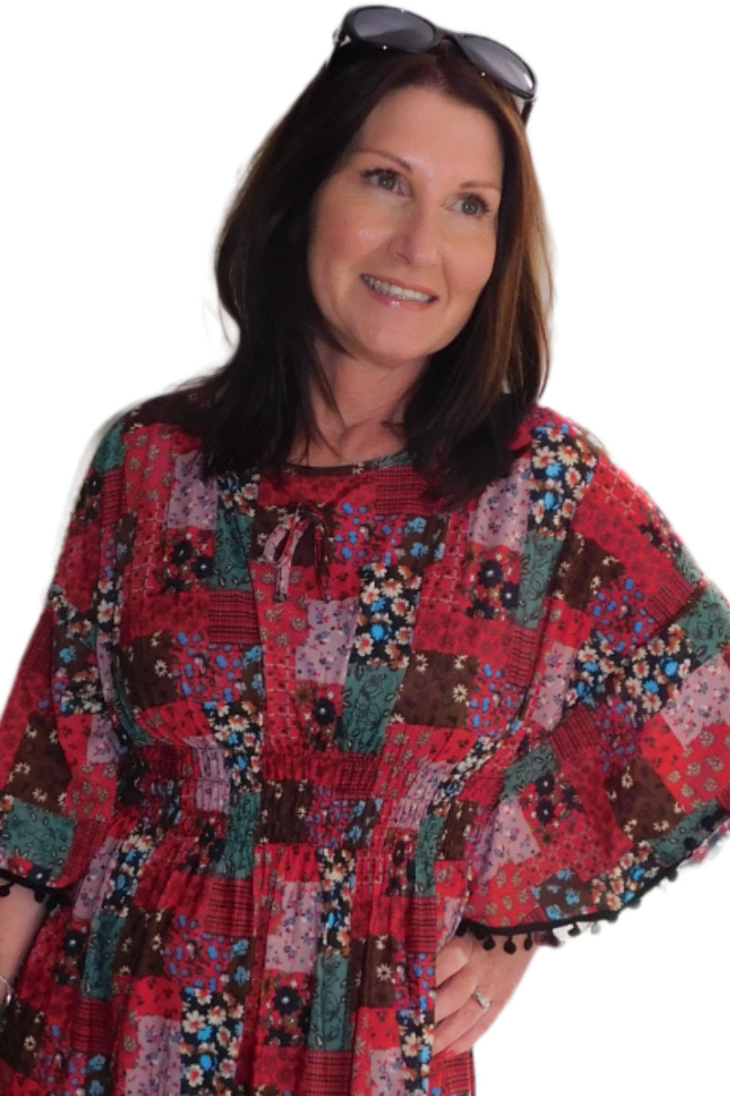 Ladies Pom Pom Patchwork Red Flower Print Dress