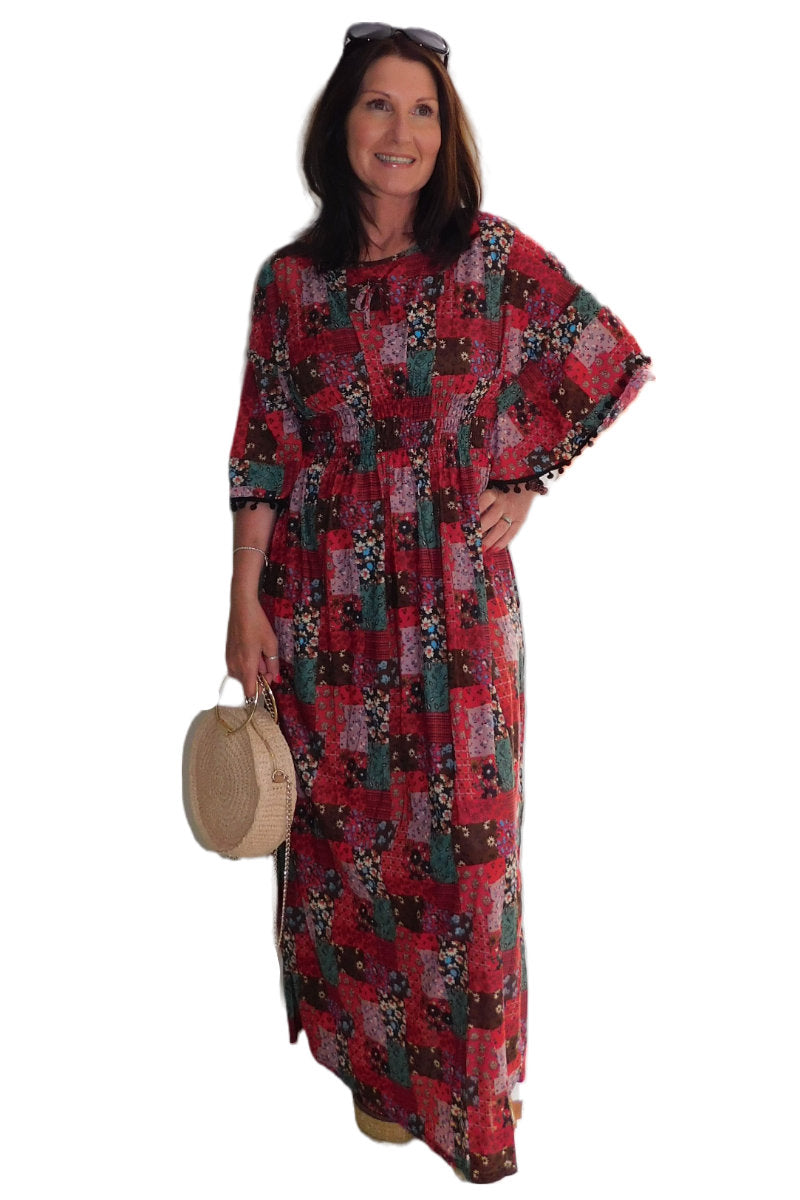 Ladies Pom Pom Patchwork Red Flower Print Dress