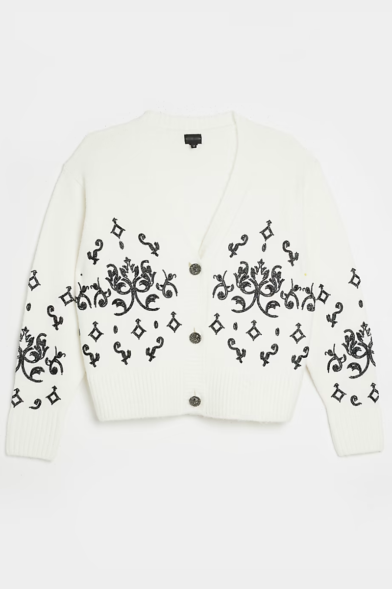 Famous Store Beaded Button Through Cardigan Cream