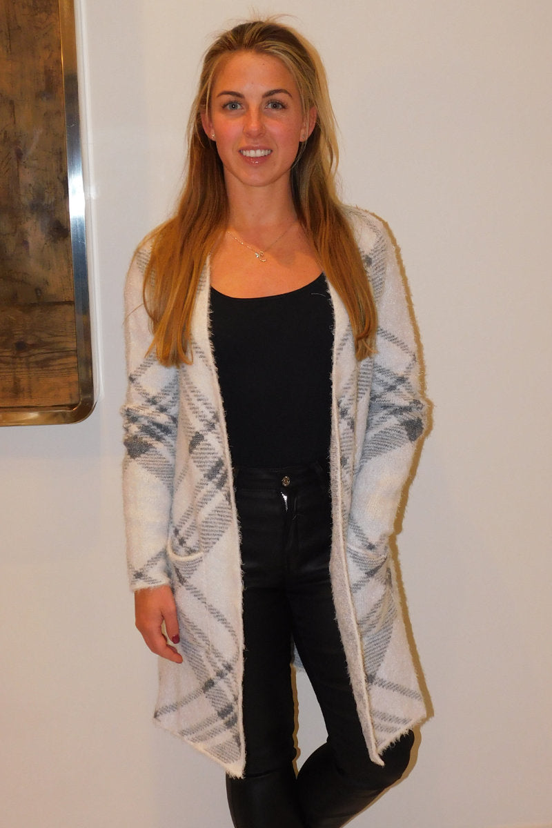 Ladies Light Grey Check Fluffy Cardigan