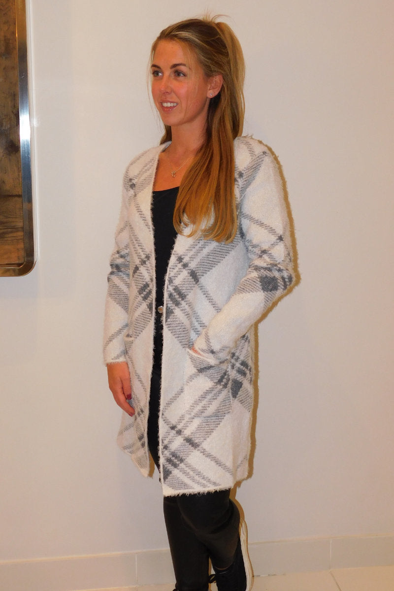 Ladies Light Grey Check Fluffy Cardigan