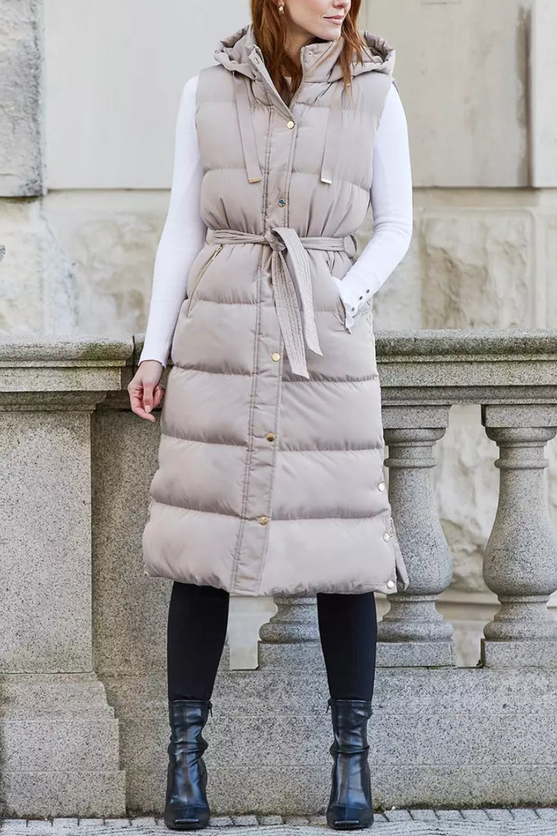 Threadbare 'Robbie' Quilted Longline Hooded Gilet With Tie Waist Taupe