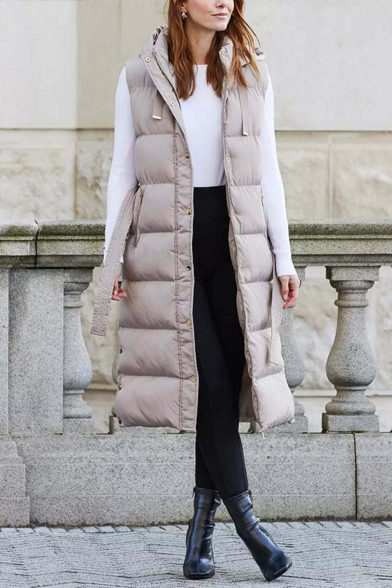 Threadbare 'Robbie' Quilted Longline Hooded Gilet With Tie Waist Taupe