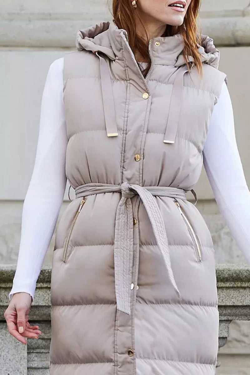 Threadbare 'Robbie' Quilted Longline Hooded Gilet With Tie Waist Taupe