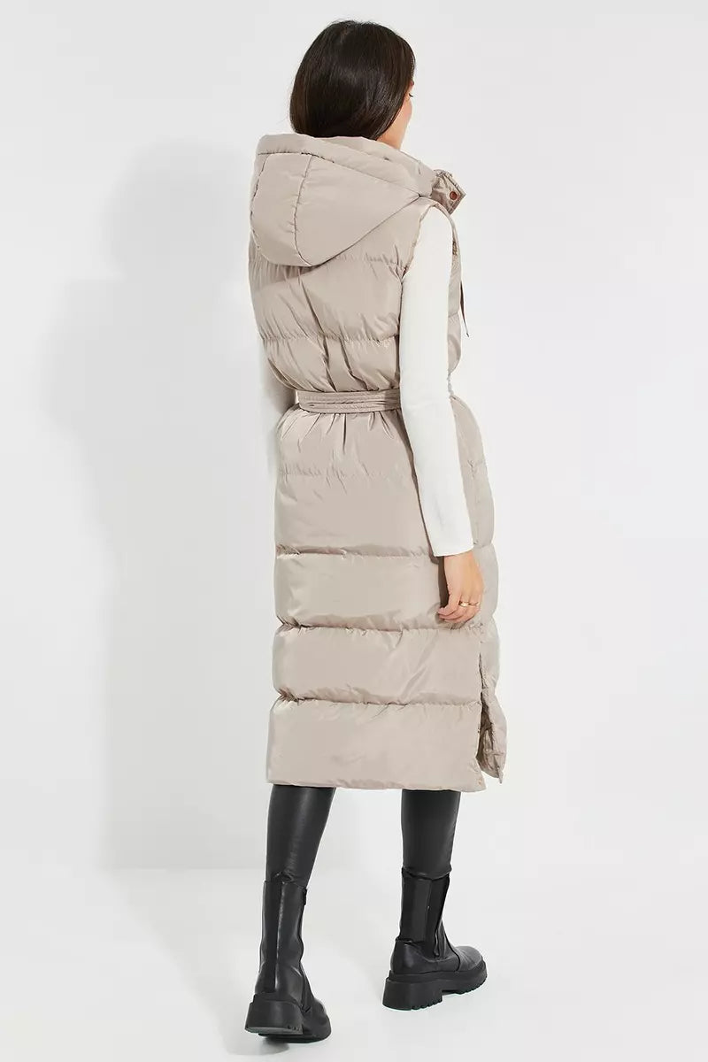 Threadbare 'Robbie' Quilted Longline Hooded Gilet With Tie Waist Taupe