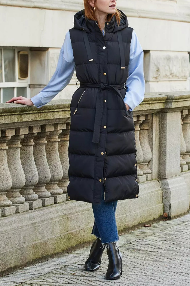 Threadbare 'Robbie' Quilted Longline Hooded Gilet With Tie Waist Black