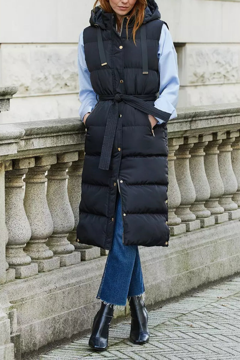 Threadbare 'Robbie' Quilted Longline Hooded Gilet With Tie Waist Black