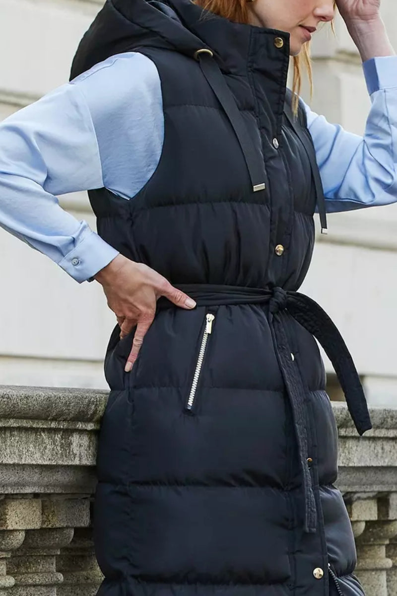 Threadbare 'Robbie' Quilted Longline Hooded Gilet With Tie Waist Black