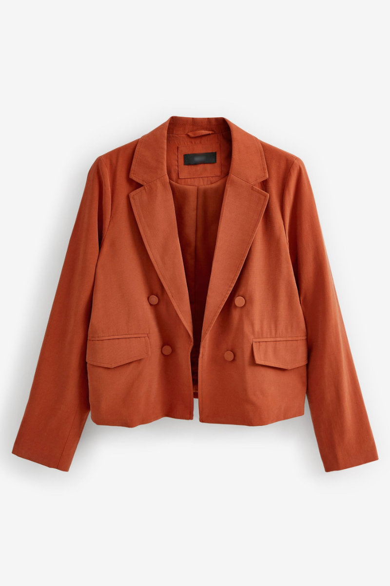 Famous Store Cropped Double Breasted Relaxed Fit Blazer Rust Brown