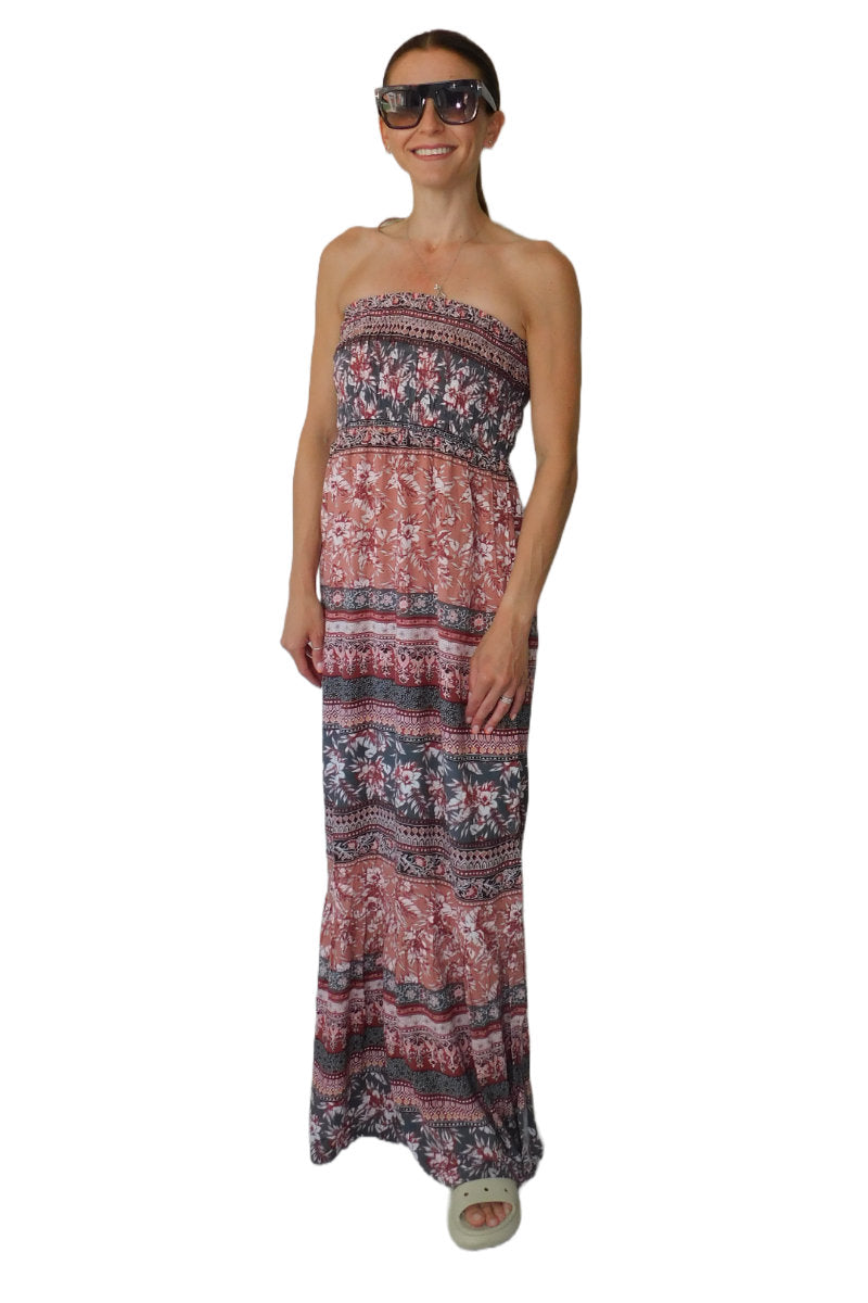 Famous Store Long Printed Shirred Dress