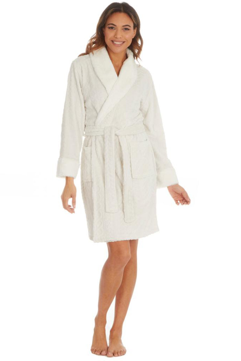 Ladies Slumber Party Cosy Super Soft Knee Length Dressing Gown Ivory
