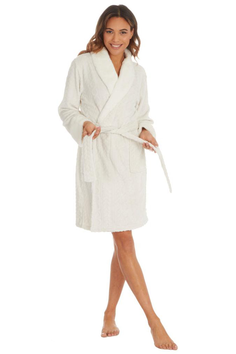 Ladies Slumber Party Cosy Super Soft Knee Length Dressing Gown Ivory