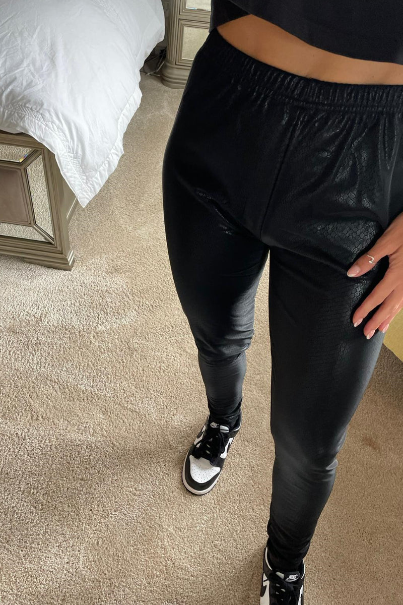 Ladies Snake Printed Black PU Leggings