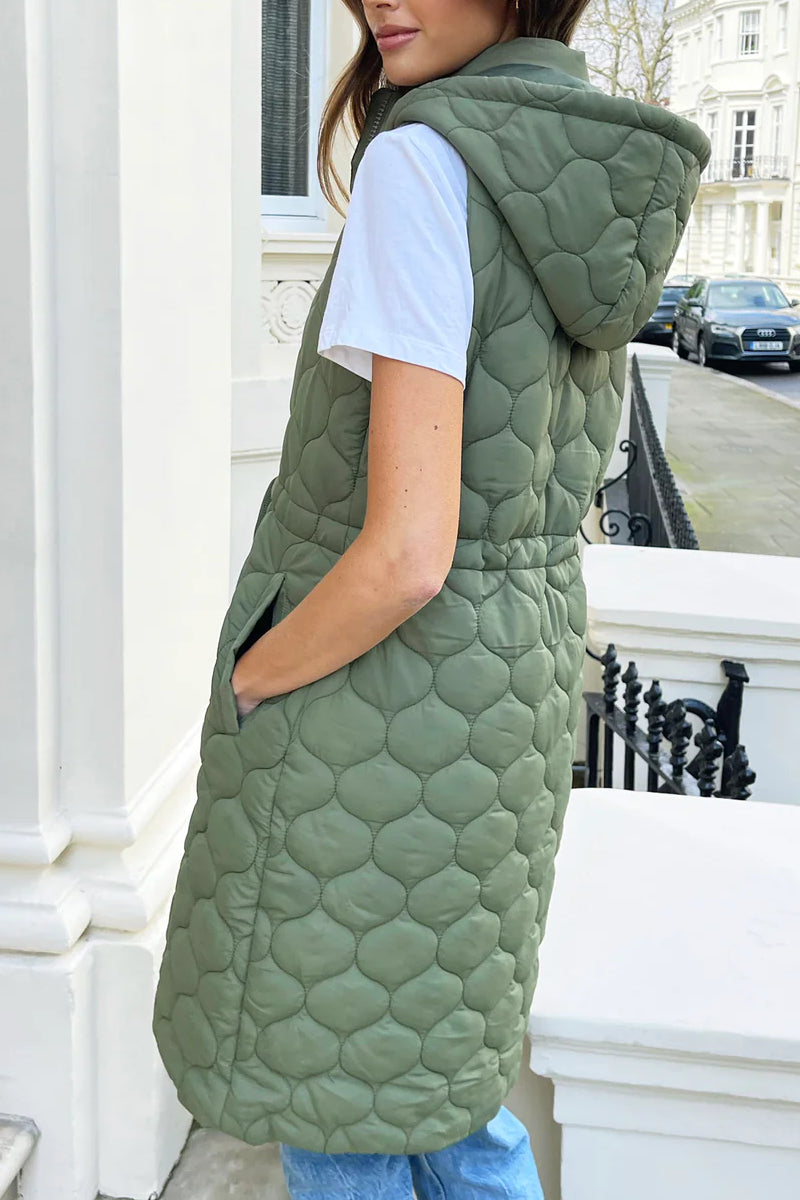 Threadbare Khaki Quilted Longline Hooded Gilet With Tie Waist