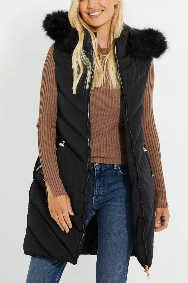 Threadbare 'Pire' Padded Gilet with Fur Trim Hood