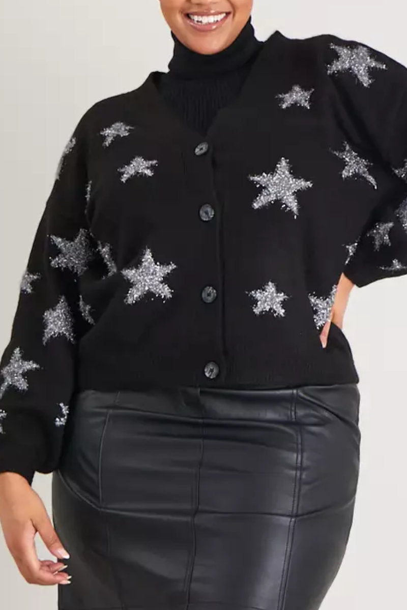 Ladies Tinsel Star Pattern Knit Cardigan Black