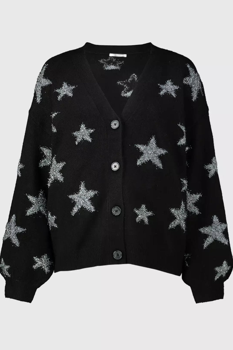 Ladies Tinsel Star Pattern Knit Cardigan Black