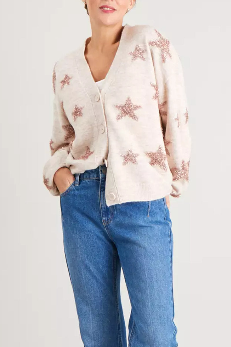 Ladies Tinsel Star Pattern Knit Cardigan Oatmeal