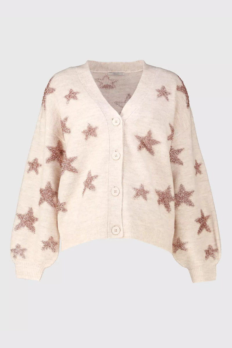 Ladies Tinsel Star Pattern Knit Cardigan Oatmeal
