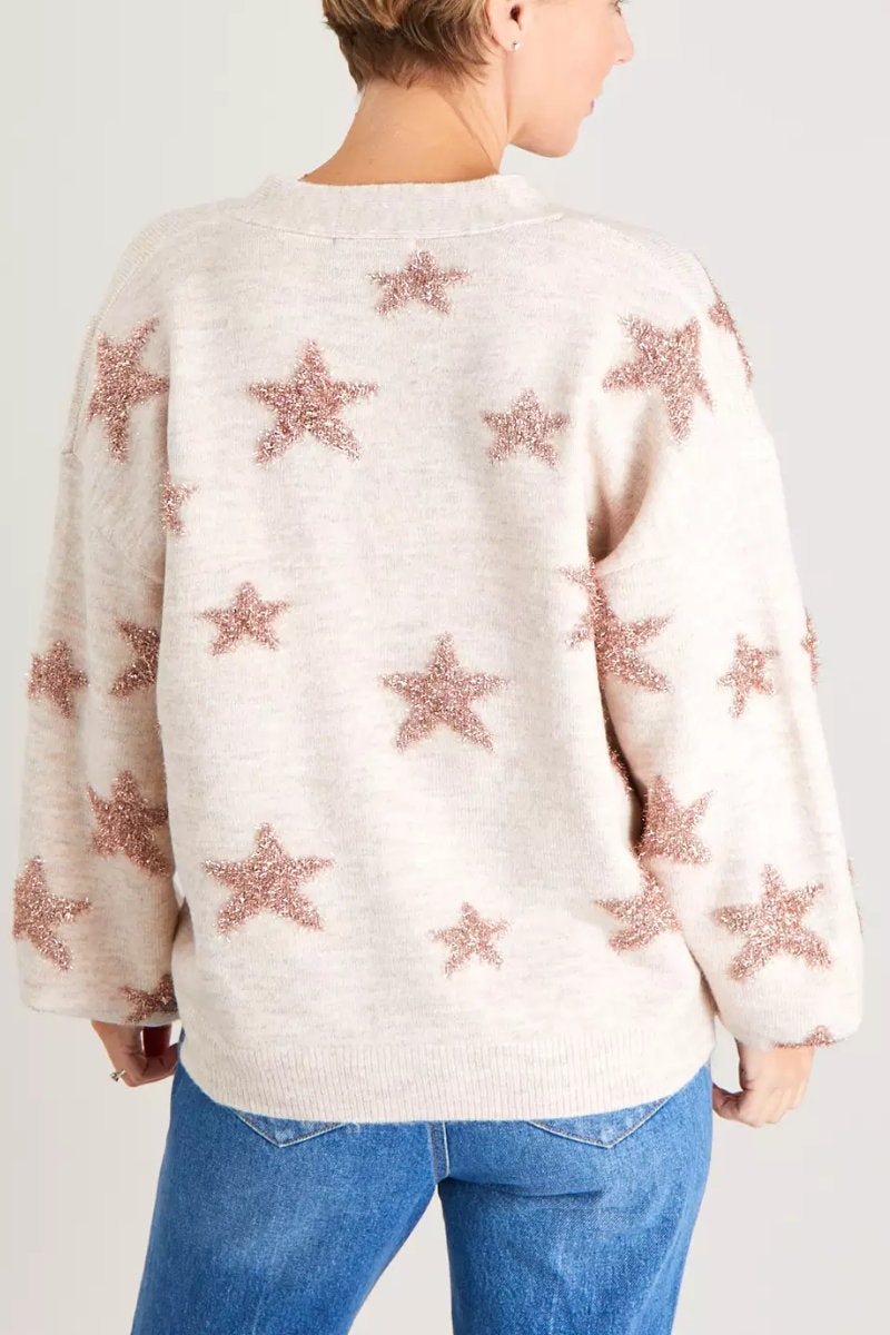 Ladies Tinsel Star Pattern Knit Cardigan Oatmeal