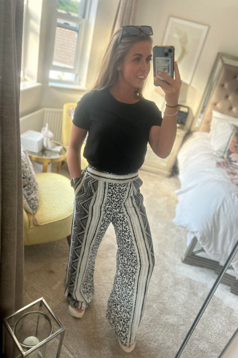 Ex Wallis Mono Geo Print Boho Wide Leg Trousers