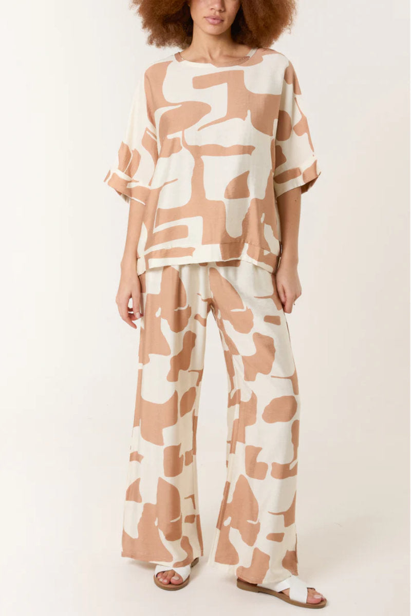 Abstract Print Top & Trouser Lounge Set in Camel