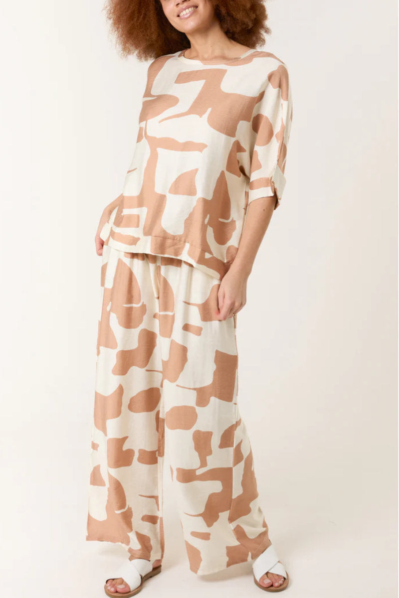 Abstract Print Top & Trouser Lounge Set in Camel