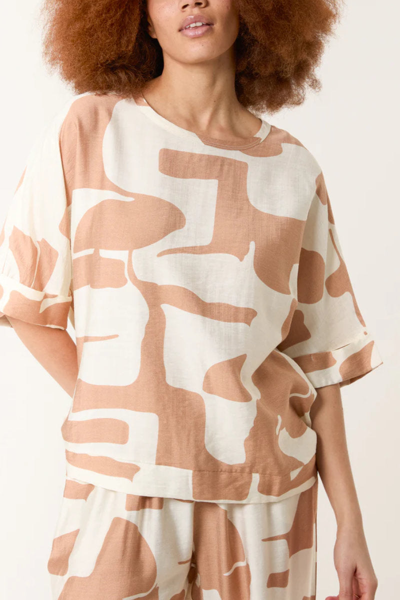 Abstract Print Top & Trouser Lounge Set in Camel