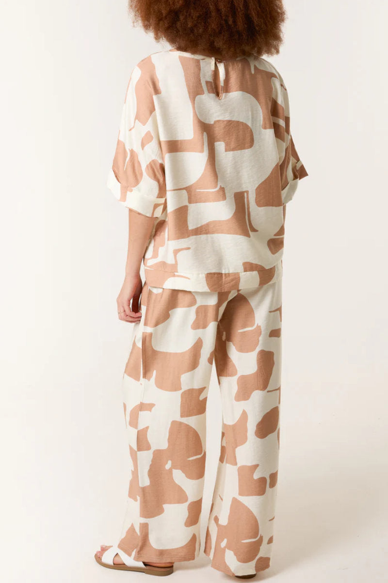 Abstract Print Top & Trouser Lounge Set in Camel