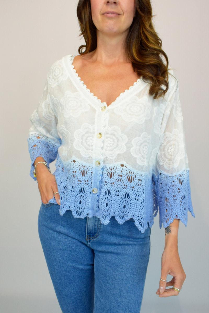 Embroidered Button Front Dip Dye Crochet Top