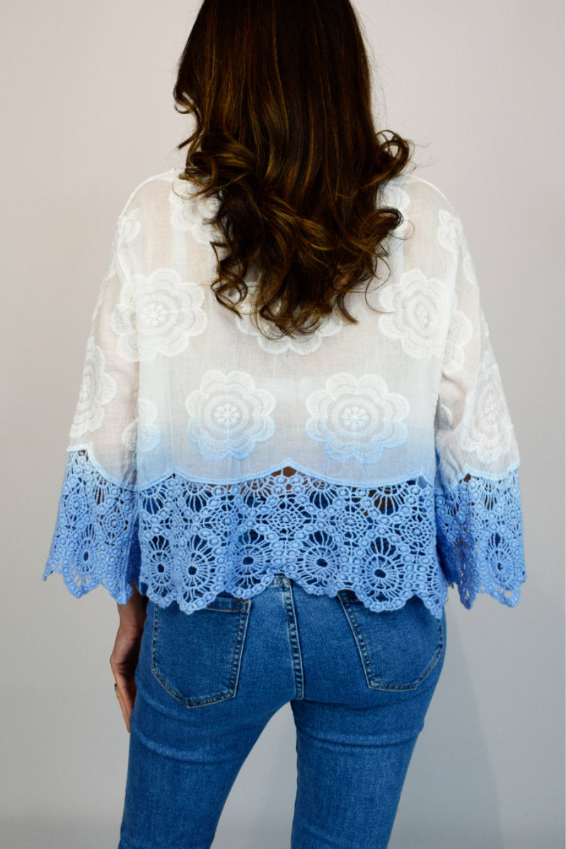 Embroidered Button Front Dip Dye Crochet Top