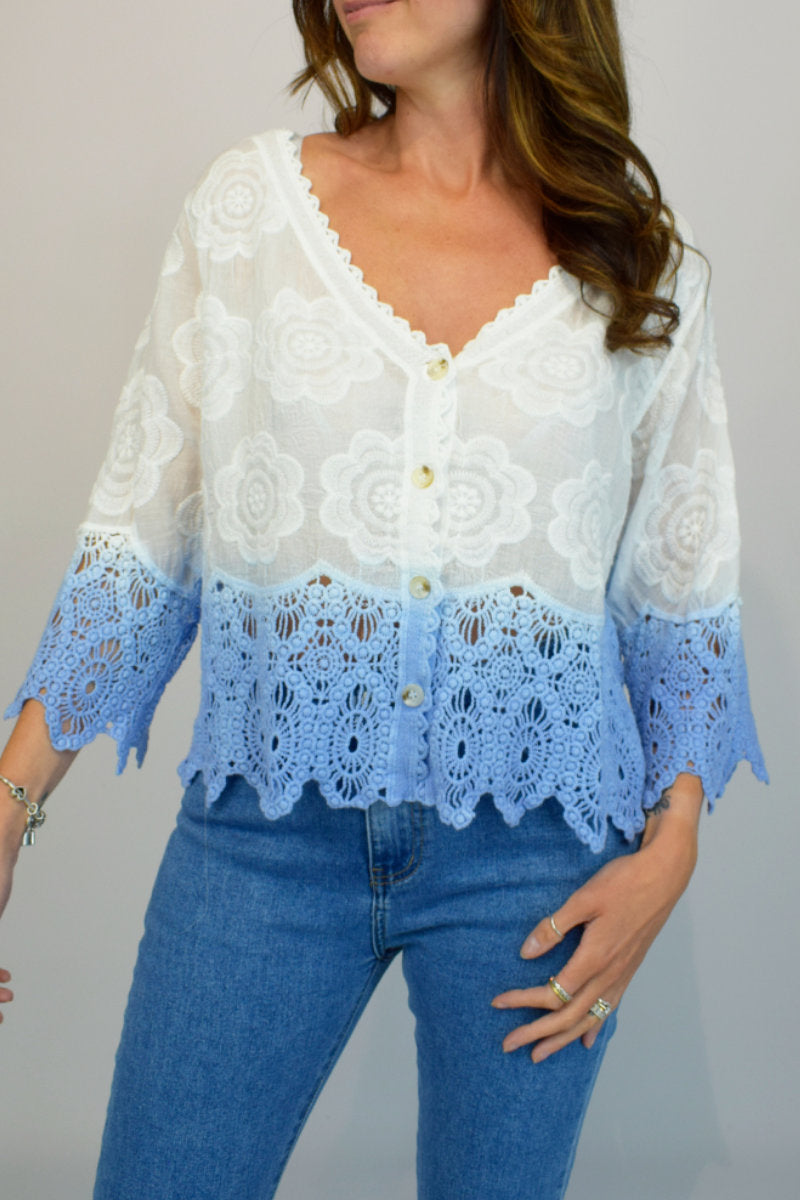 Embroidered Button Front Dip Dye Crochet Top