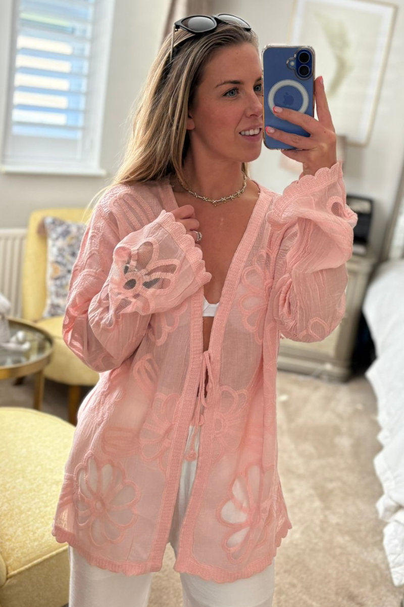 Sheer Embroidered Tie-Front Cover-Up in Pink