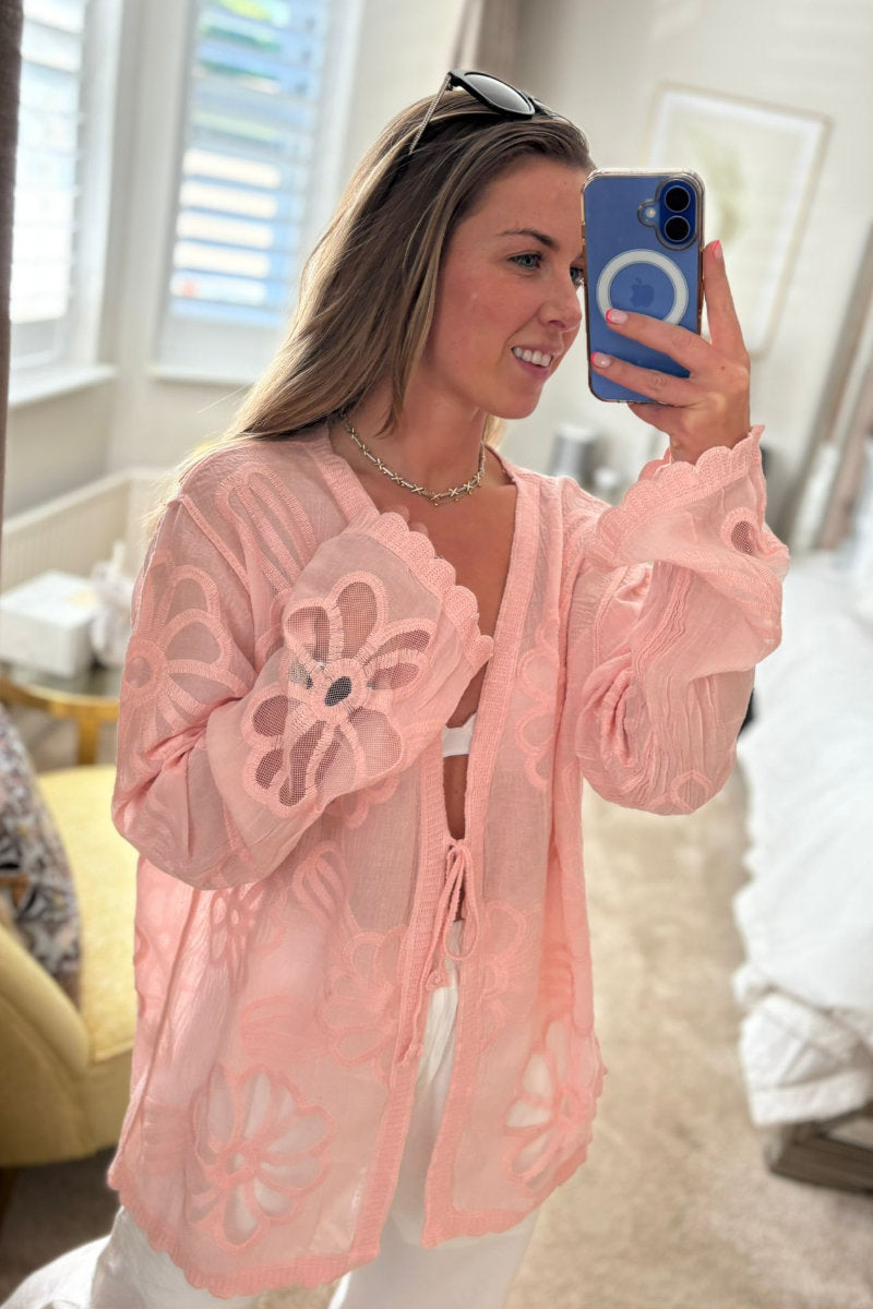 Sheer Embroidered Tie-Front Cover-Up in Pink