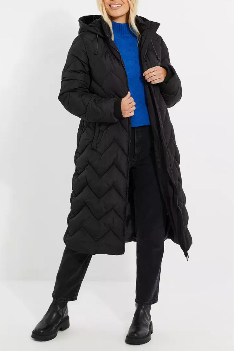 Threadbare 'Gandey' Longline Hooded Padded Jacket Black