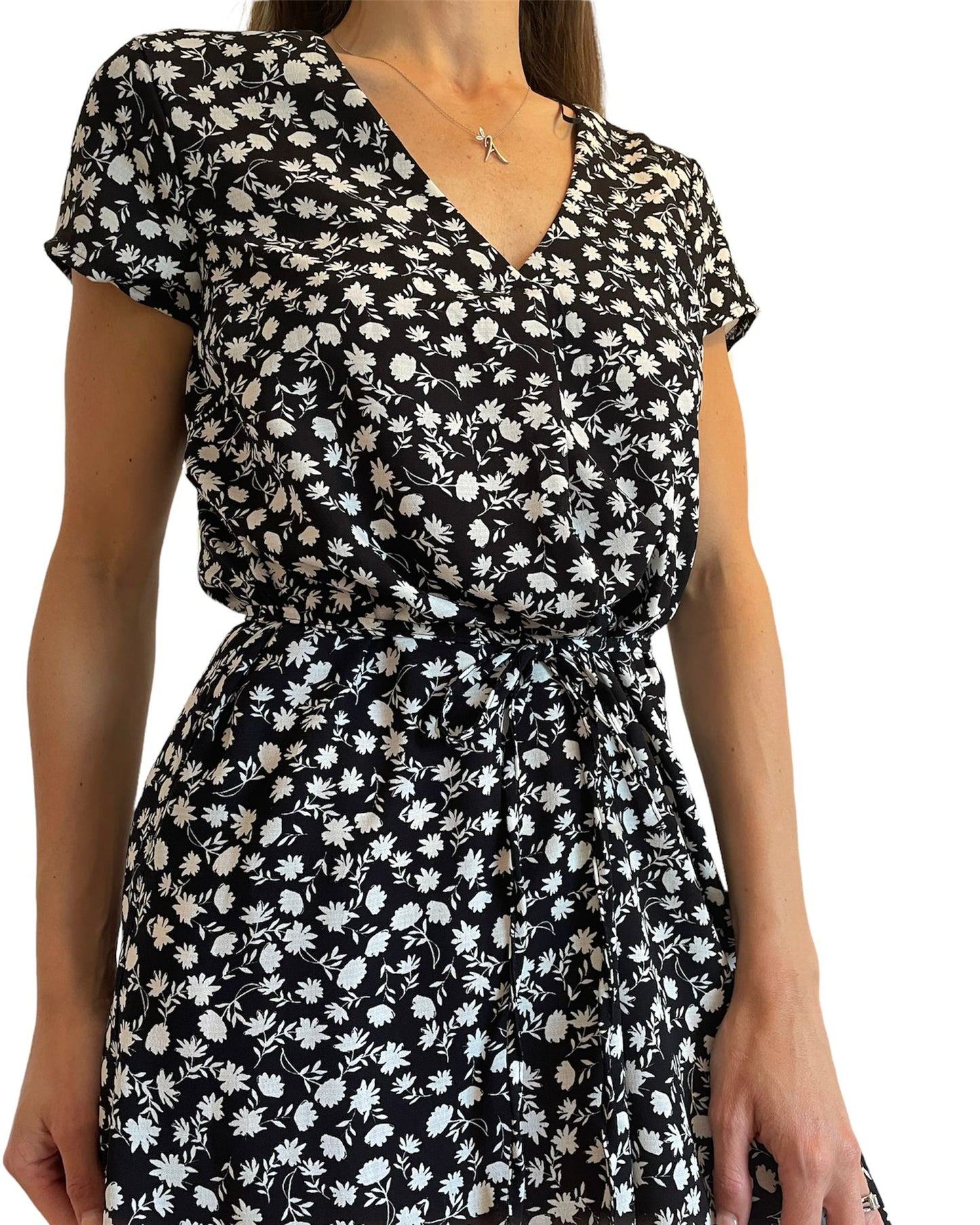Black & White Ditsy Belted Dress