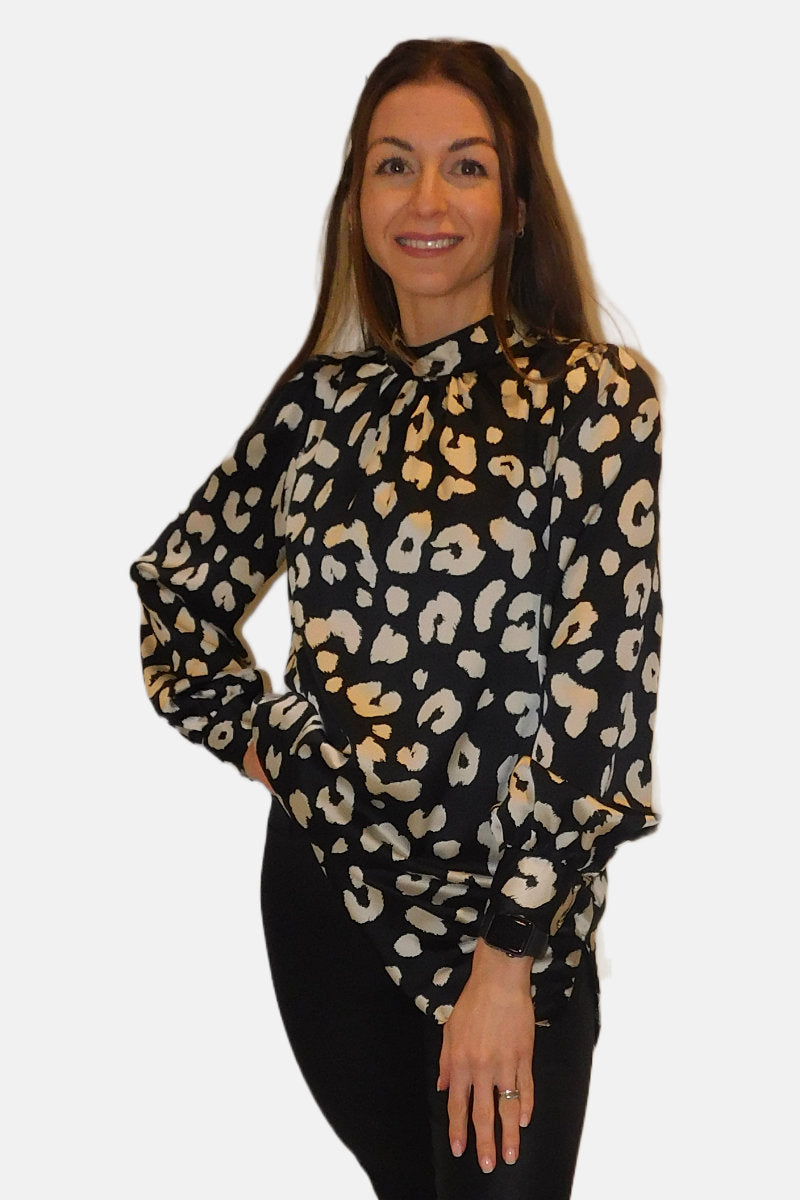 Animal Print High Neck Black & Cream Blouse