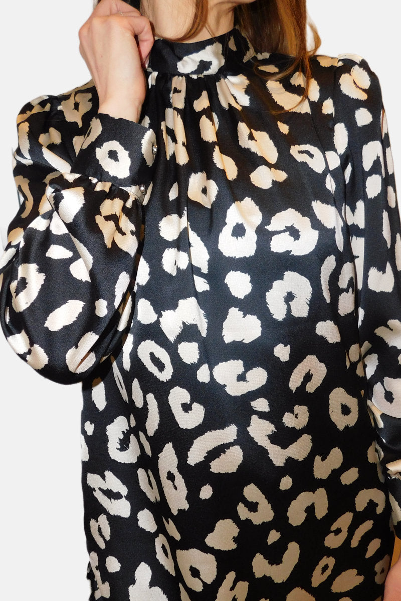 Animal Print High Neck Black & Cream Blouse