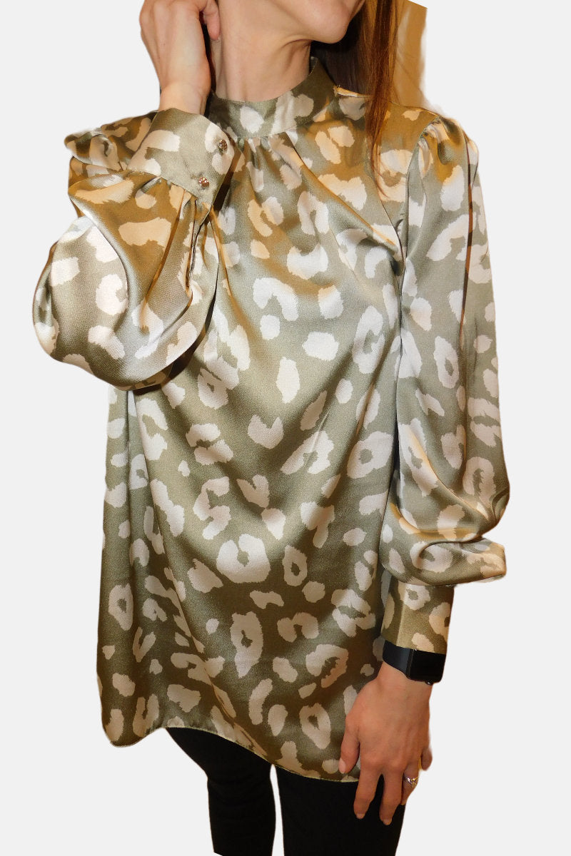 Animal Print High Neck Sage & Cream Blouse